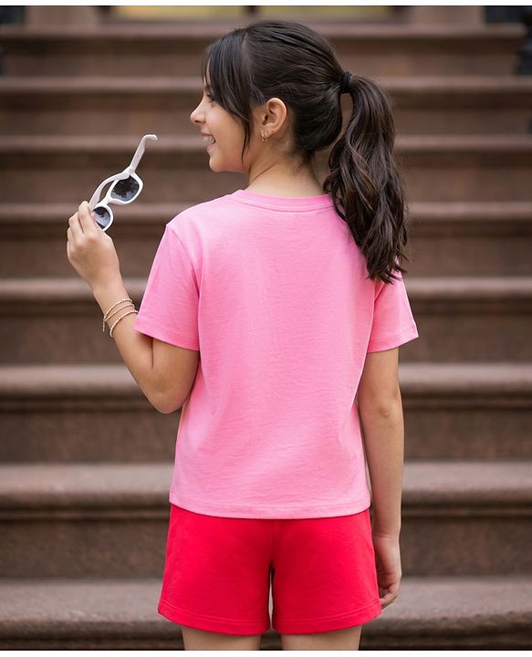 Pine Kids Cotton Knit Half Sleeves Top & Shorts Set With Text Print - Pink & Red