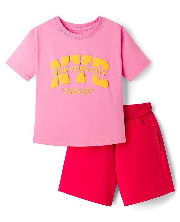 Pine Kids Cotton Knit Half Sleeves Top & Shorts Set With Text Print - Pink & Red