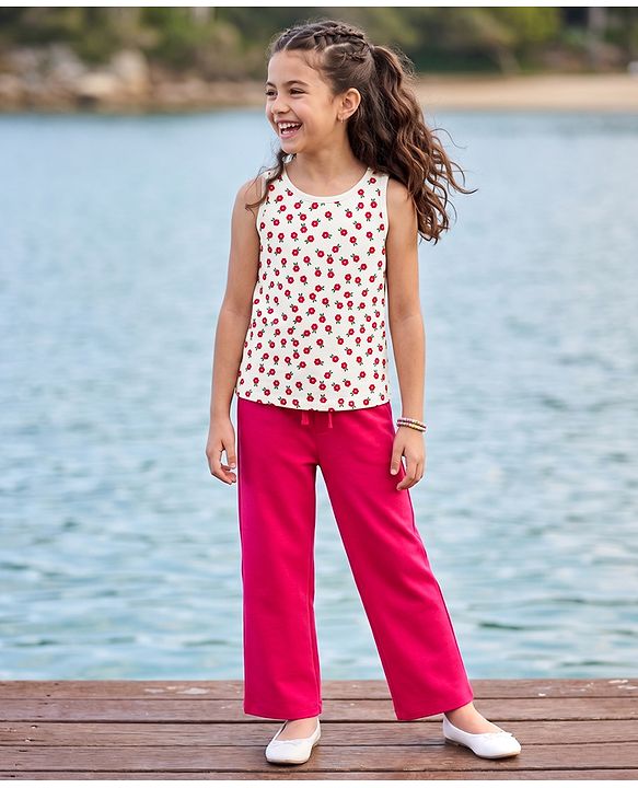 Pine Kids Cotton Knit Sleeveless Top & Pant Set With Floral Print - Offwhite