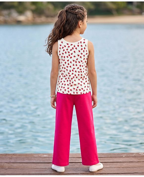 Pine Kids Cotton Knit Sleeveless Top & Pant Set With Floral Print - Offwhite