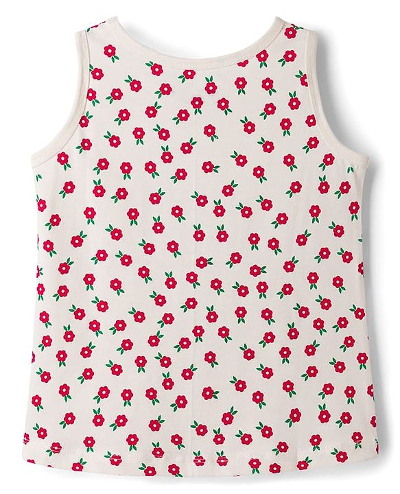 Pine Kids Cotton Knit Sleeveless Top & Pant Set With Floral Print - Offwhite