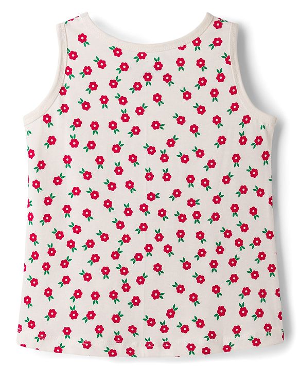 Pine Kids Cotton Knit Sleeveless Top & Pant Set With Floral Print - Offwhite