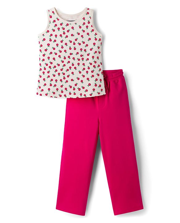 Pine Kids Cotton Knit Sleeveless Top & Pant Set With Floral Print - Offwhite