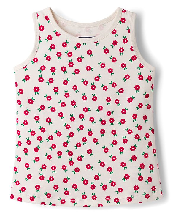 Pine Kids Cotton Knit Sleeveless Top & Pant Set With Floral Print - Offwhite