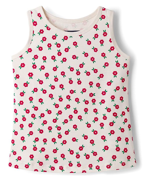 Pine Kids Cotton Knit Sleeveless Top & Pant Set With Floral Print - Offwhite