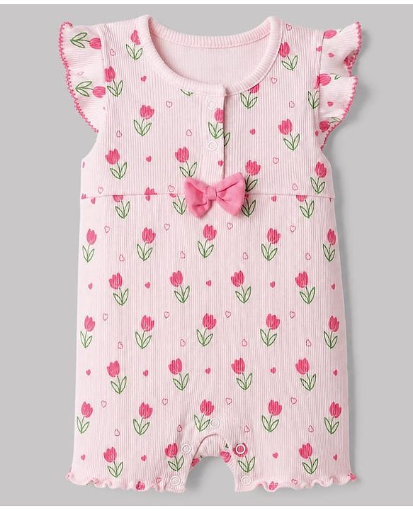 Babyhug 100% Cotton Interlock Knit Full Sleeves Romper with Floral Print & Hairband - Pink