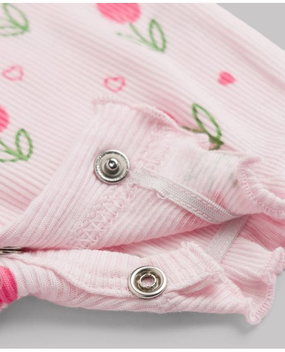 Babyhug 100% Cotton Interlock Knit Full Sleeves Romper with Floral Print & Hairband - Pink