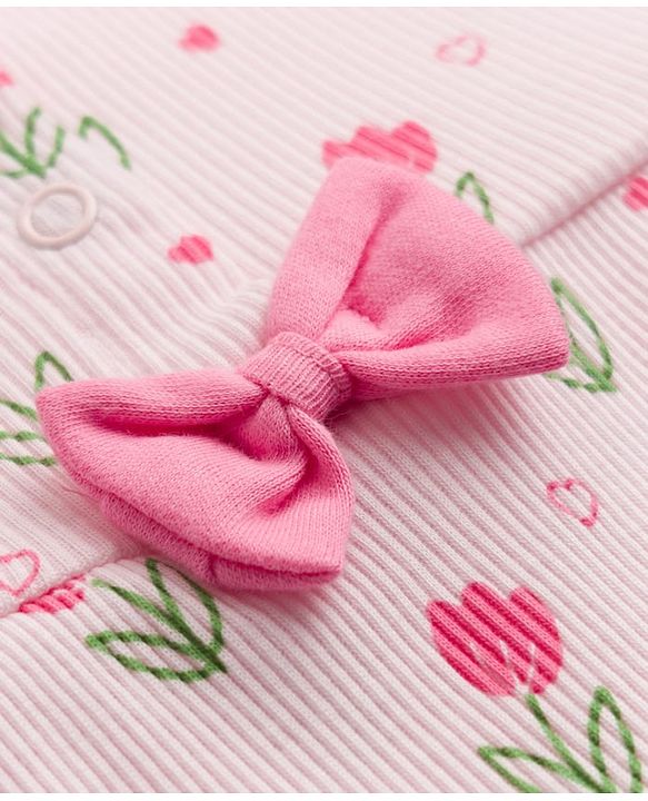 Babyhug 100% Cotton Interlock Knit Full Sleeves Romper with Floral Print & Hairband - Pink