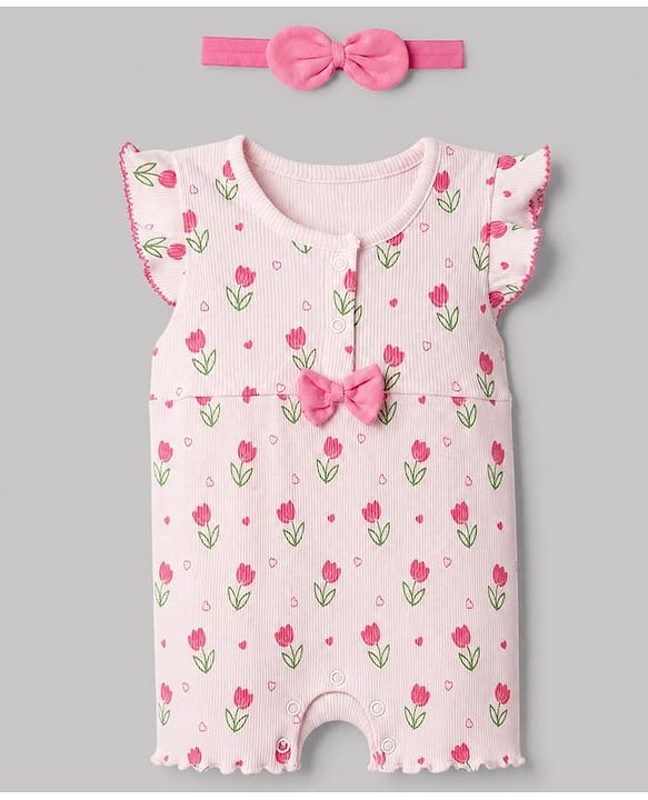 Babyhug 100% Cotton Interlock Knit Full Sleeves Romper with Floral Print & Hairband - Pink