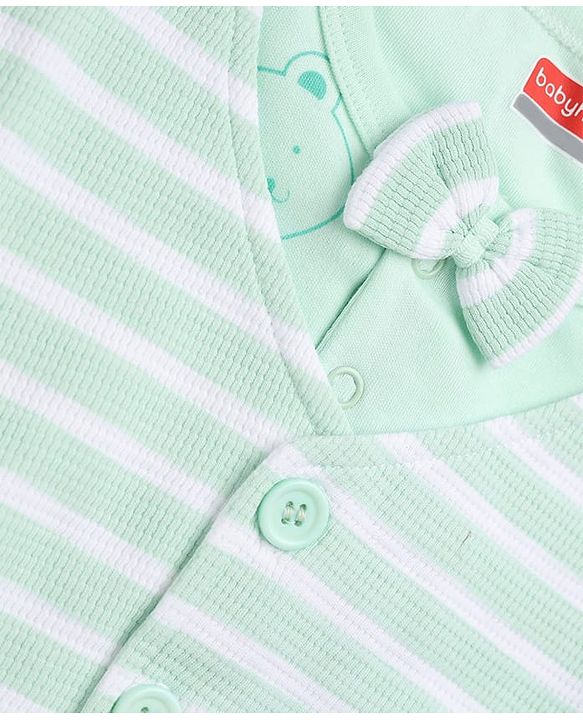 Babyhug 100% Cotton Interlock Woven Full Sleeves Bear Printed Partywear Romper with Attached Waist Coat & Bow - Sea Green
