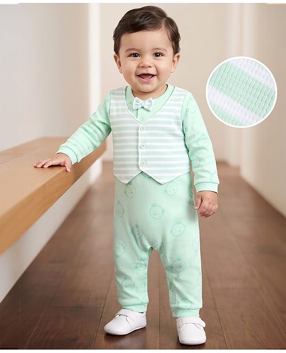 Babyhug 100% Cotton Interlock Woven Full Sleeves Bear Printed Partywear Romper with Attached Waist Coat & Bow - Sea Green
