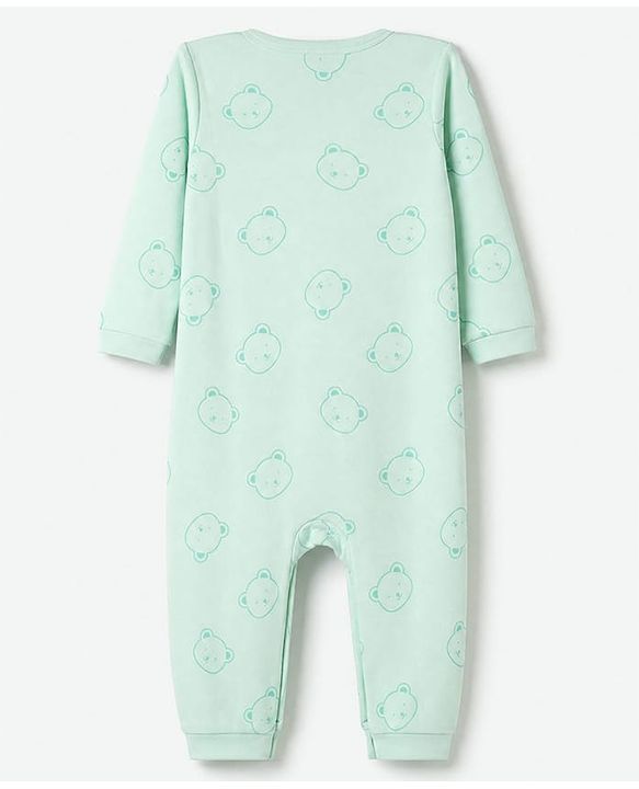 Babyhug 100% Cotton Interlock Woven Full Sleeves Bear Printed Partywear Romper with Attached Waist Coat & Bow - Sea Green