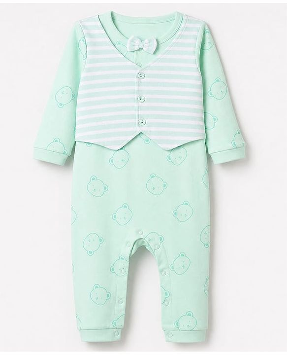 Babyhug 100% Cotton Interlock Woven Full Sleeves Bear Printed Partywear Romper with Attached Waist Coat & Bow - Sea Green