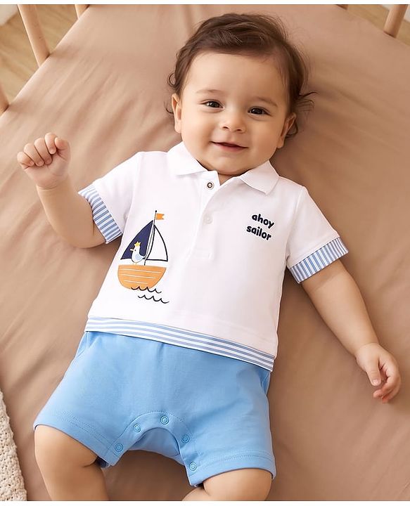 Babyhug 100% Cotton Interlock Knit Half Sleeves Polo Collar Romper With Boat Print - Sky