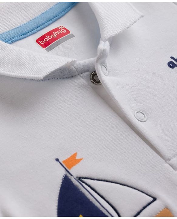 Babyhug 100% Cotton Interlock Knit Half Sleeves Polo Collar Romper With Boat Print - Sky