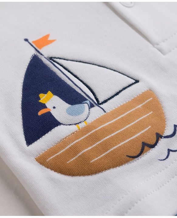 Babyhug 100% Cotton Interlock Knit Half Sleeves Polo Collar Romper With Boat Print - Sky