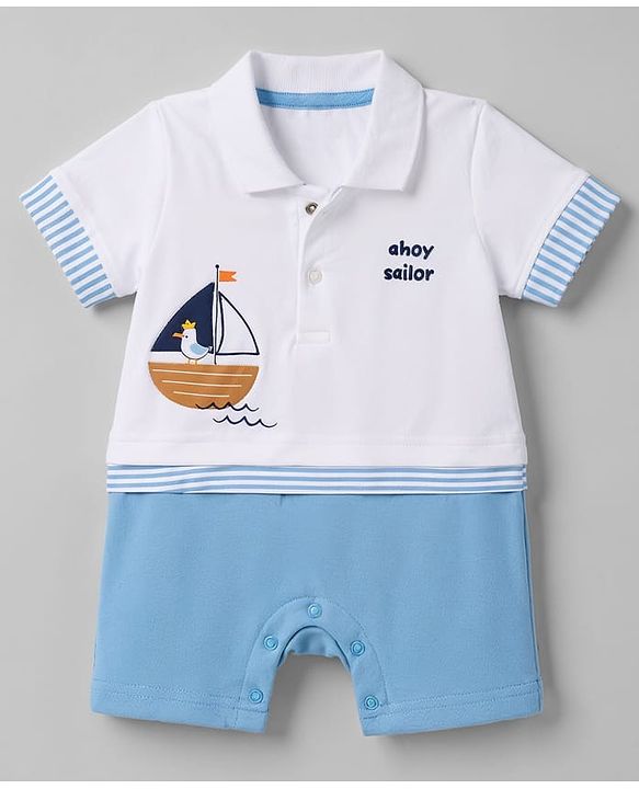 Babyhug 100% Cotton Interlock Knit Half Sleeves Polo Collar Romper With Boat Print - Sky
