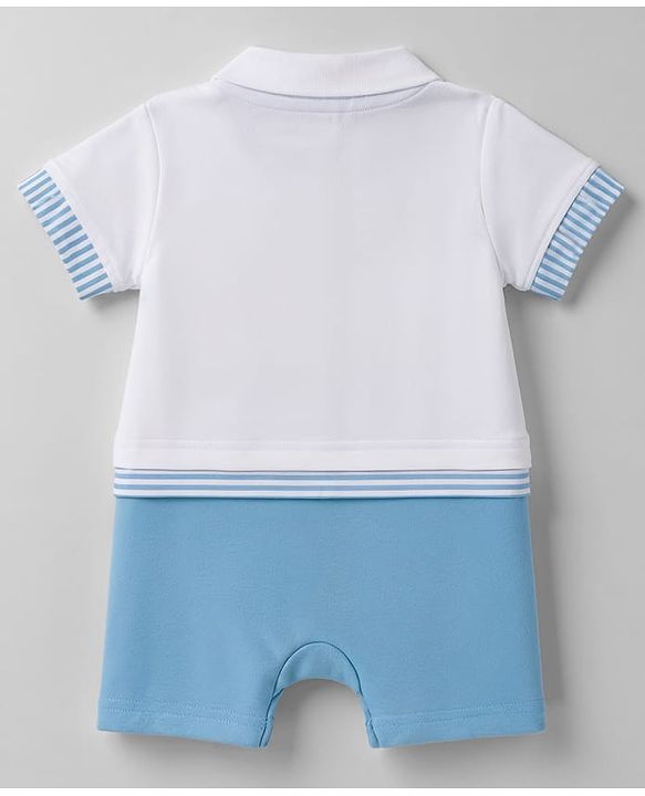 Babyhug 100% Cotton Interlock Knit Half Sleeves Polo Collar Romper With Boat Print - Sky