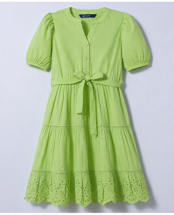 Pine Kids 100% Cotton Woven Half Sleeves Tiered Frock With Belt - Lime Green