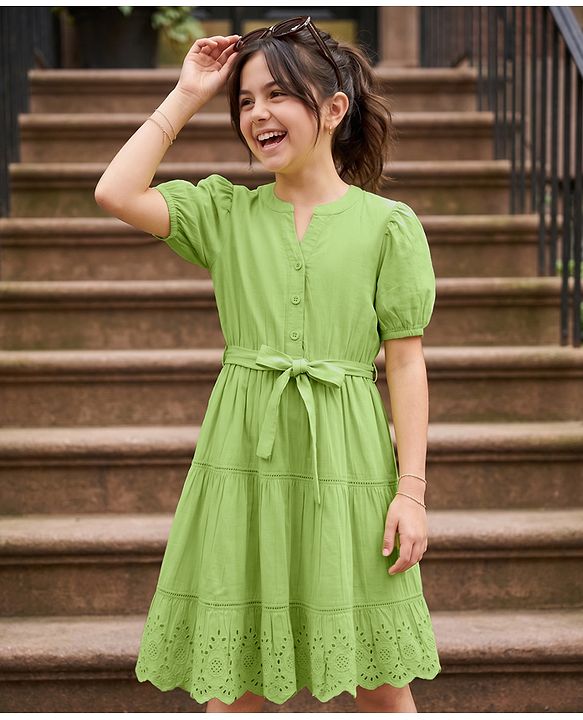 Pine Kids 100% Cotton Woven Half Sleeves Tiered Frock With Belt - Lime Green