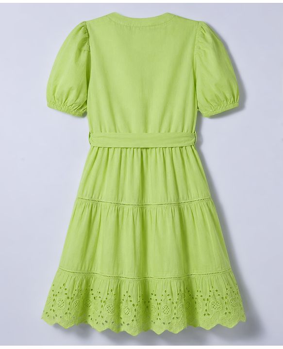 Pine Kids 100% Cotton Woven Half Sleeves Tiered Frock With Belt - Lime Green