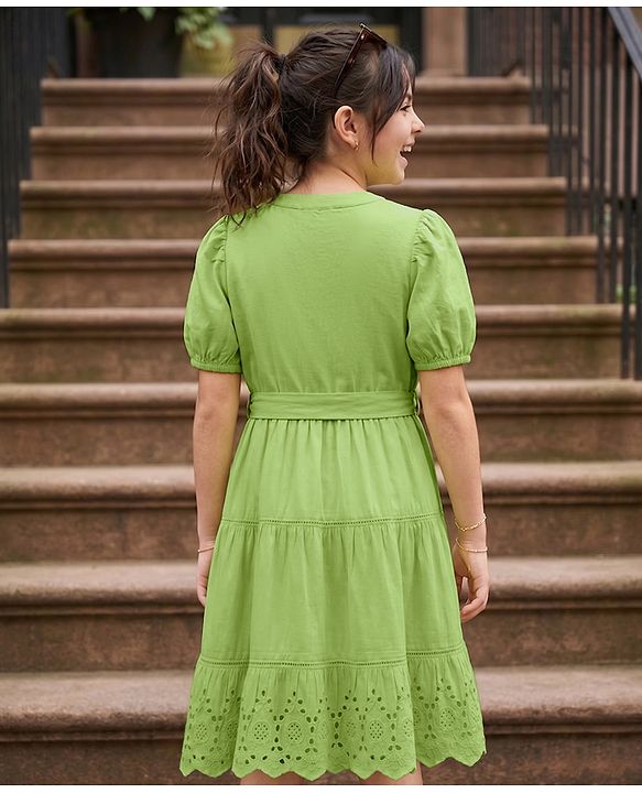 Pine Kids 100% Cotton Woven Half Sleeves Tiered Frock With Belt - Lime Green