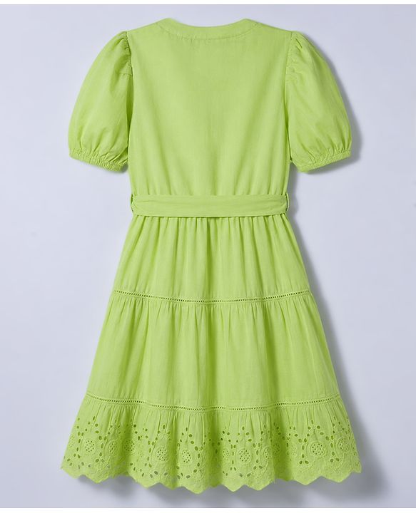 Pine Kids 100% Cotton Woven Half Sleeves Tiered Frock With Belt - Lime Green
