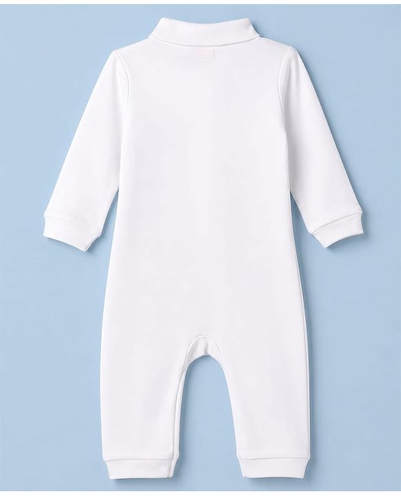 Babyhug 100% Cotton Interlock Woven Full Sleeves Party Romper with Bear Patch - White