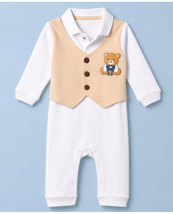 Babyhug 100% Cotton Interlock Woven Full Sleeves Party Romper with Bear Patch - White