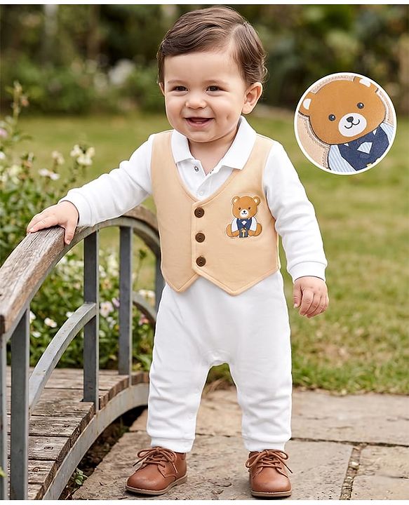 Babyhug 100% Cotton Interlock Woven Full Sleeves Party Romper with Bear Patch - White