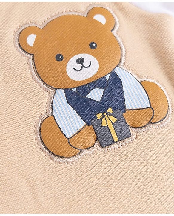 Babyhug 100% Cotton Interlock Woven Full Sleeves Party Romper with Bear Patch - White