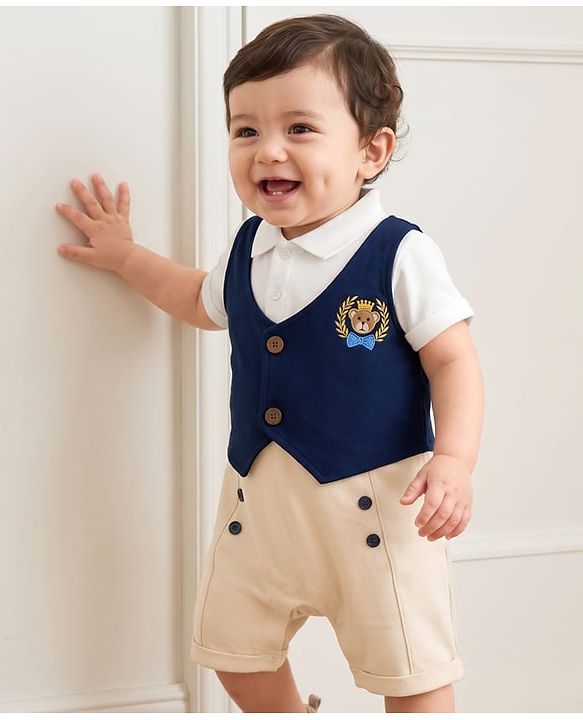 Babyhug 100% Cotton Interlock Knit Half Sleeves Bear Embroidered Party Romper - Navy Blue