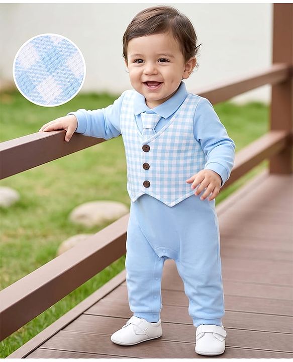 Babyhug 100% Cotton Interlock Woven Full Sleeves Partywear Romper with Attached Waist Coat & Tie - Sky Blue