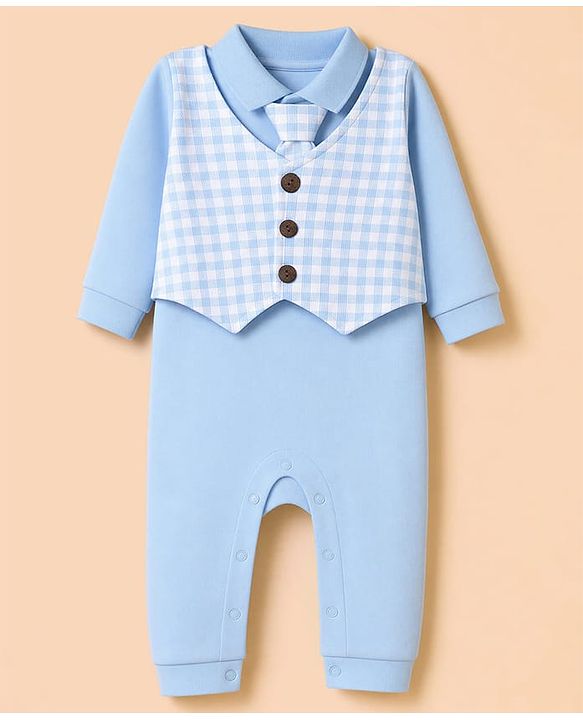 Babyhug 100% Cotton Interlock Woven Full Sleeves Partywear Romper with Attached Waist Coat & Tie - Sky Blue