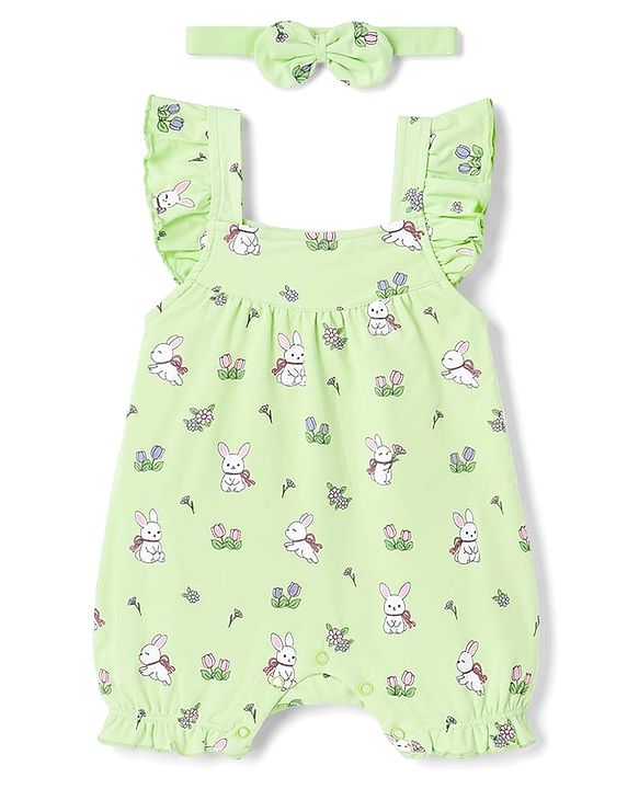 Babyhug 100% Cotton Interlock Knit Frill Sleeves Romper & Head Band With Bunny & Floral Print - Light Green