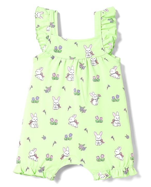 Babyhug 100% Cotton Interlock Knit Frill Sleeves Romper & Head Band With Bunny & Floral Print - Light Green