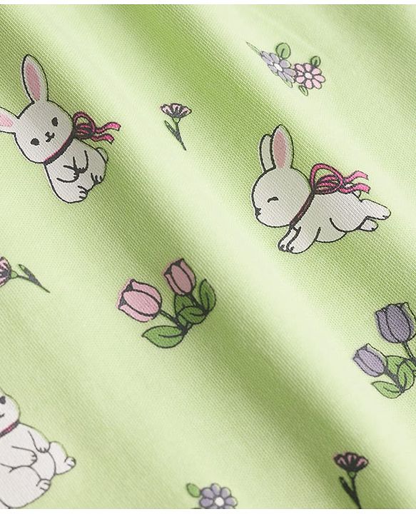 Babyhug 100% Cotton Interlock Knit Frill Sleeves Romper & Head Band With Bunny & Floral Print - Light Green