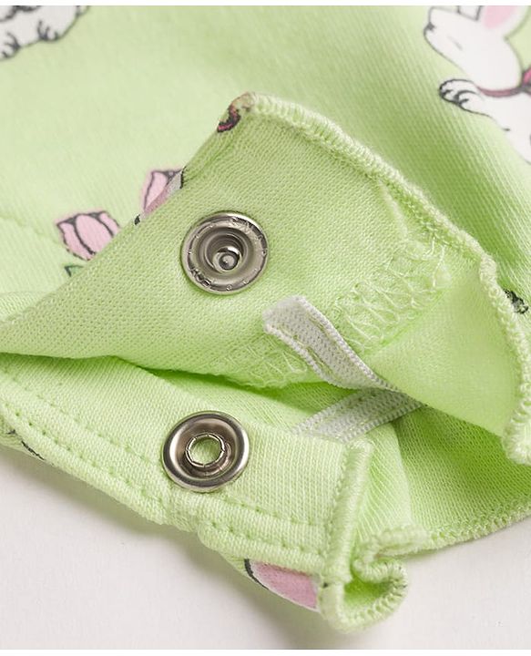 Babyhug 100% Cotton Interlock Knit Frill Sleeves Romper & Head Band With Bunny & Floral Print - Light Green
