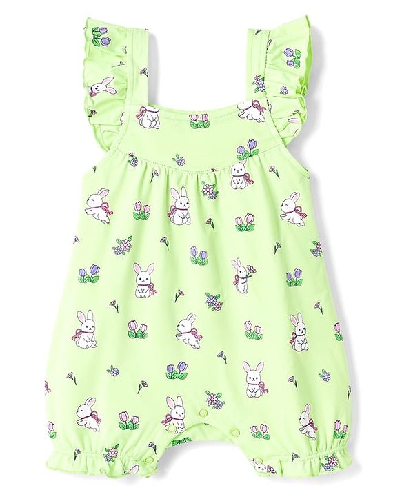 Babyhug 100% Cotton Interlock Knit Frill Sleeves Romper & Head Band With Bunny & Floral Print - Light Green