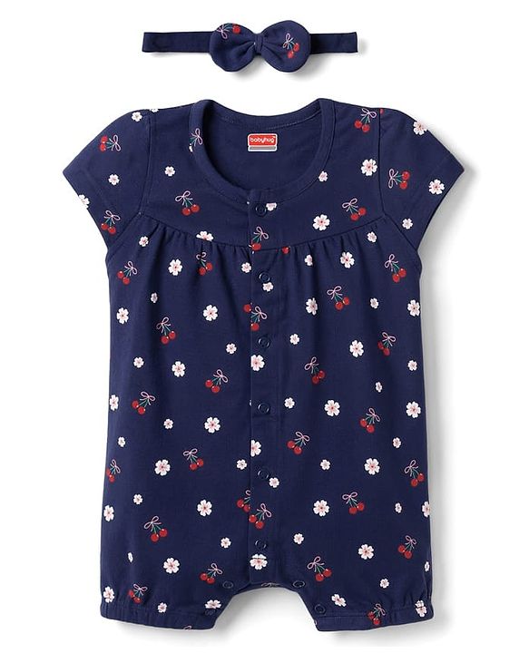 Babyhug 100% Cotton Interlock Knit Half Sleeves Romper & Head Band With Floral Print - Navy