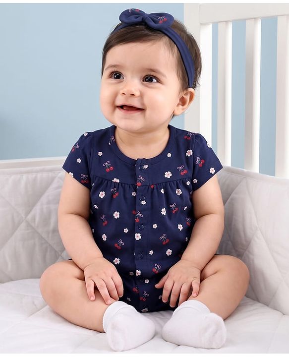 Babyhug 100% Cotton Interlock Knit Half Sleeves Romper & Head Band With Floral Print - Navy