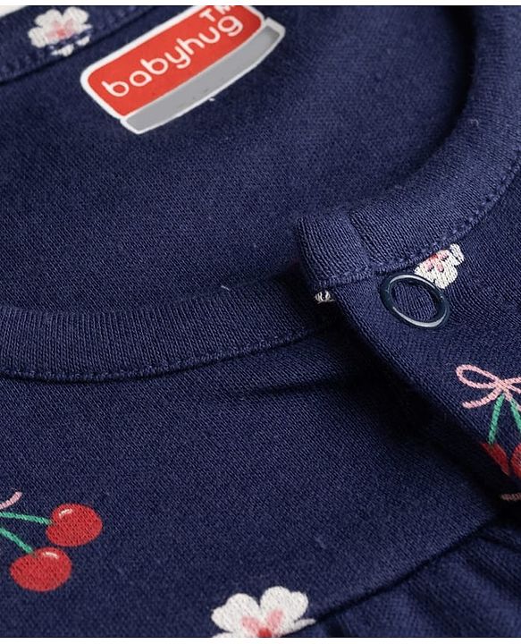 Babyhug 100% Cotton Interlock Knit Half Sleeves Romper & Head Band With Floral Print - Navy