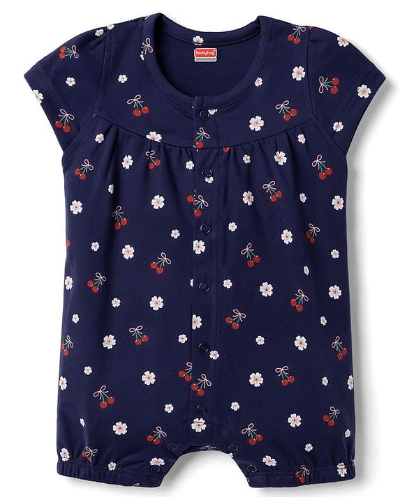 Babyhug 100% Cotton Interlock Knit Half Sleeves Romper & Head Band With Floral Print - Navy