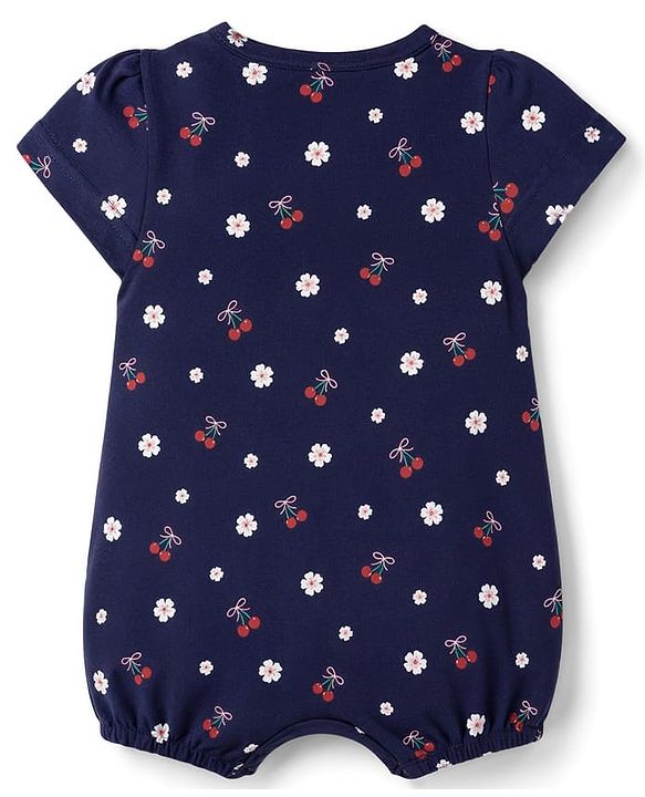Babyhug 100% Cotton Interlock Knit Half Sleeves Romper & Head Band With Floral Print - Navy