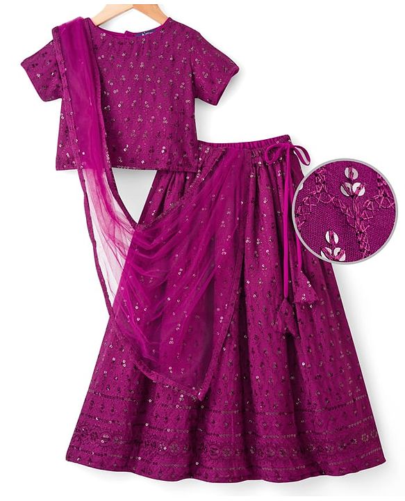 Pine Kids Woven Half Sleeves Lehenga Choli Set with Sequin Detailing & Dupatta - Violet