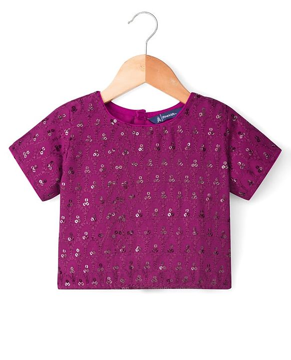 Pine Kids Woven Half Sleeves Lehenga Choli Set with Sequin Detailing & Dupatta - Violet