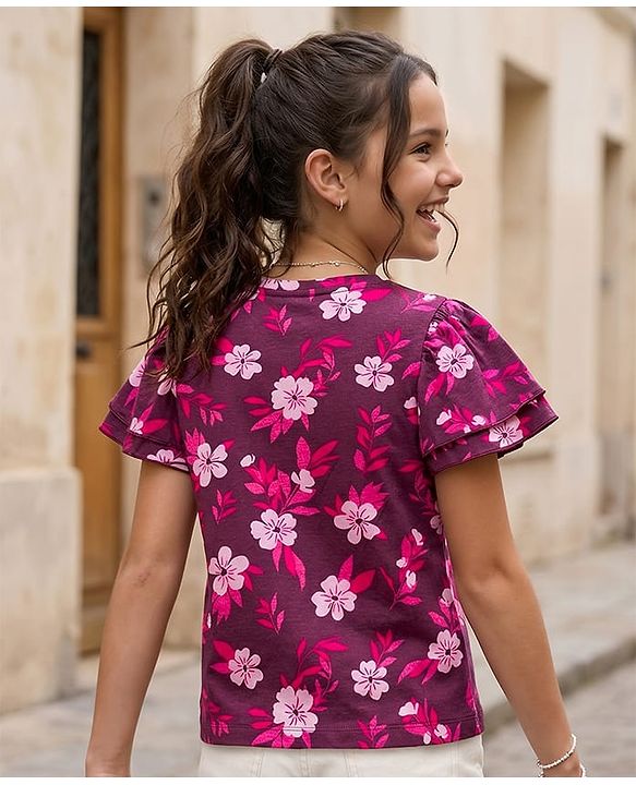Pine Kids Cotton Knit Half Flutter Top with Floral Print - Multicolor