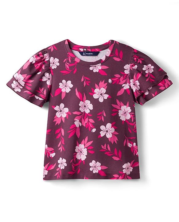 Pine Kids Cotton Knit Half Flutter Top with Floral Print - Multicolor