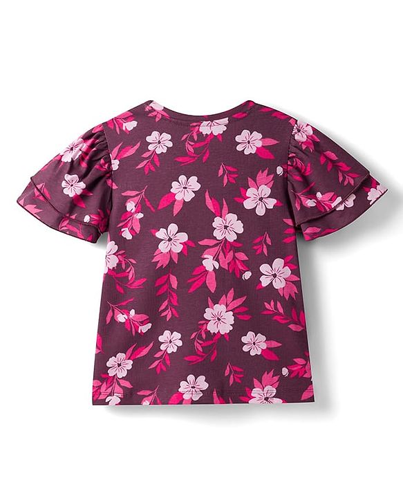 Pine Kids Cotton Knit Half Flutter Top with Floral Print - Multicolor