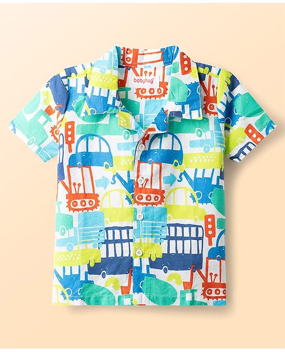Babyhug Cotton Woven Half Sleeves Co-Ord Shirt & Pyjama Night Suit With Vehicle Print - White
